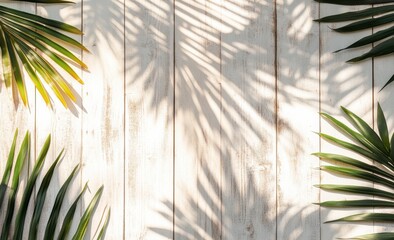 Sunlight filters through lush palm leaves, casting playful shadows on rustic wood, creating a warm...