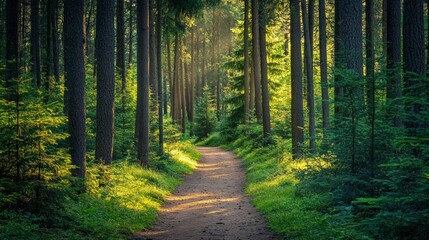 Obraz premium Serene Forest Pathway Surrounded by Lush Greenery and Sunlight