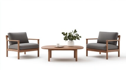 Fototapeta premium Modern Living Room Setup with Two Comfortable Chairs and a Stylish Center Table Featuring Green Plant Decor