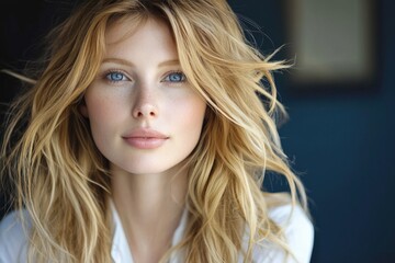 Fototapeta premium Beautiful Young Woman with Long Wavy Hair and Natural Makeup Portrait