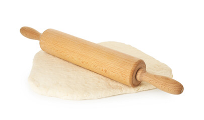 Fresh dough and rolling pin isolated on white