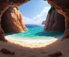 Scenic rocky beach cave with pristine blue ocean and sandy shore