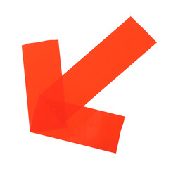 Arrow made of red adhesive tape on white background, top view