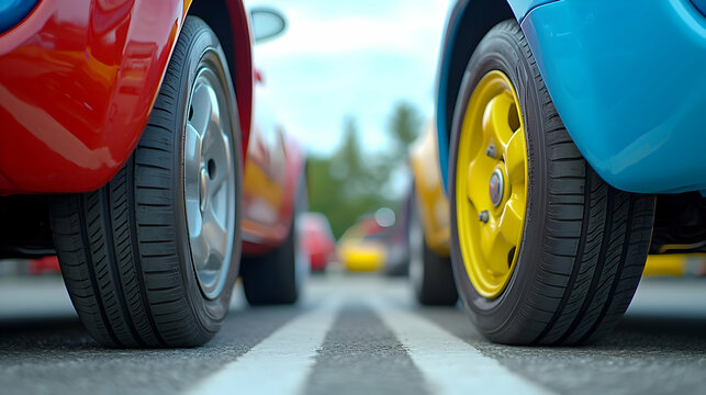 Close-up of colorful red and blue cars parked on asphalt in an outdoor parking lot during the day.