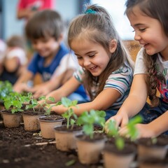 A lively scene of children planting saplings in a community park, with parents and volunteers assisting, promoting awareness of agriculture and environmental care.

