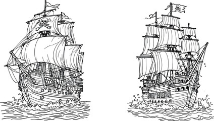 Vsai two sailing pirate ships with jolly roger flags navigating ocean waves