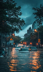 city street after heavy rain and flood, cars under water, climate change consequences