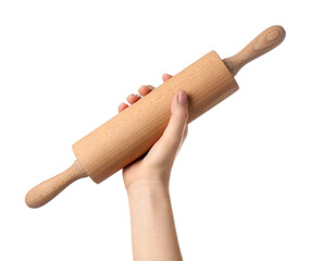 Woman with rolling pin on white background, closeup