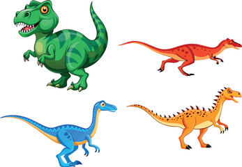 Vsai four cartoon dinosaurs roaring and walking on white background