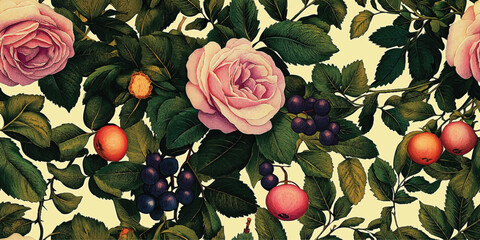Floral Vector seamless pattern with roses garden flowers and plants, fruits, berries for fabric, textiles, clothing, wrapping paper, cover, banner, home decor