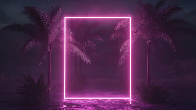 Pink neon portal, tropical night, beach