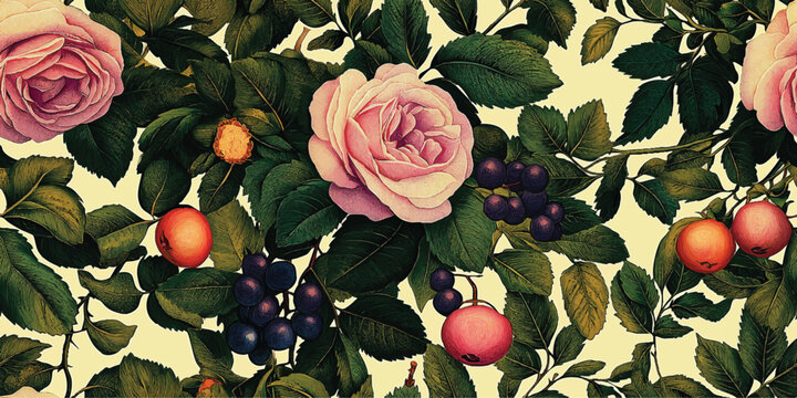Naklejki Floral Vector seamless pattern with roses garden flowers and plants, fruits, berries for fabric, textiles, clothing, wrapping paper, cover, banner, home decor