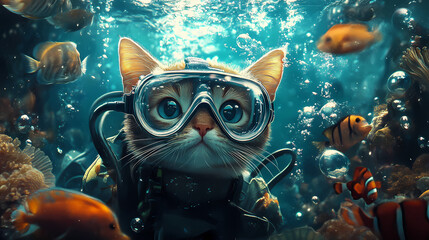A cat wearing diving gear explores an underwater world filled with fish and bubbles. Underwater Worlds. Illustration