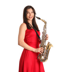 Beautiful woman with saxophone on white background