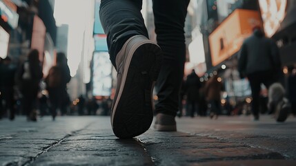 Fototapeta premium A close-up of a person's white sneaker stepping on the cobblestone street in a busy urban setting.