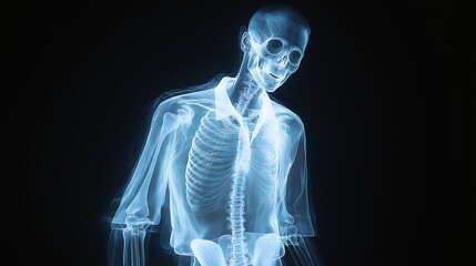 X-ray effect to subtly display his skeletal framework in a glowing blue, contrasted against a thermal backdrop that shades from icy blues at his extremities to intense reds at his torso