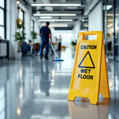 A bright yellow wet floor caution sign placed in an office during cleaning, emphasizing safety, workplace maintenance, and hazard prevention.