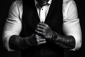 mafia boss showing his hands with tattoos