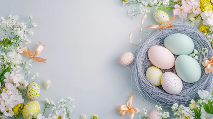 Obraz premium Happy Easter concept with easter eggs in nest and spring flowers. Easter background with empty space