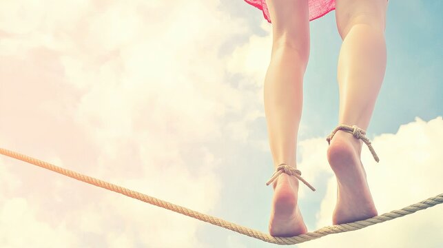 Bare feet balancing on tightrope against cloudy sky, depicting challenge, risk-taking, and pursuit of equilibrium in life. - Powered by Adobe