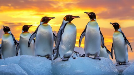 Fototapeta premium Group of Emperor Penguins Standing on Ice at Sunset in Antarctica