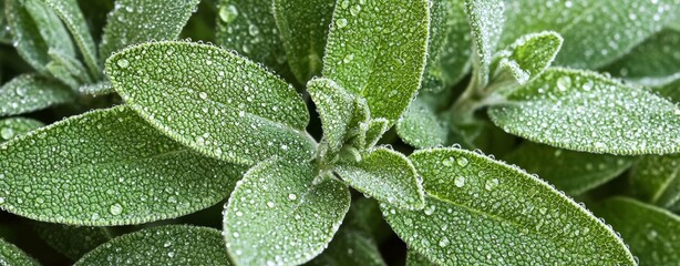 Fototapeta premium Dew-Covered Sage Leaves Fresh, Green, and Vibrant