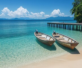 Obraz premium Idyllic beach scene with wooden boats on clear waters and pier under blue sky