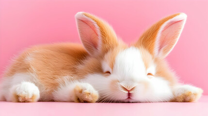 Cute bunny sleeping on pink background, Easter card