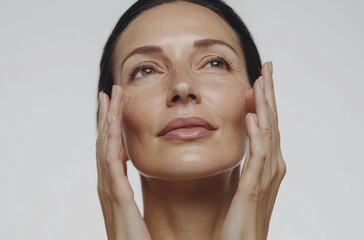 Mature woman expressing thoughtful emotion with hand gesture