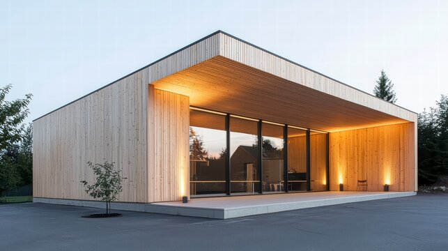 Modern Wooden Pavilion: A sleek, contemporary pavilion crafted from light-colored wood, features expansive glass windows and warm interior lighting.