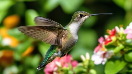 Vibrant Hummingbird in Flight among Colorful Flowers in Garden