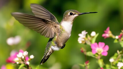 Naklejka premium Hummingbird in Flight Near Colorful Flowers in Natural Habitat