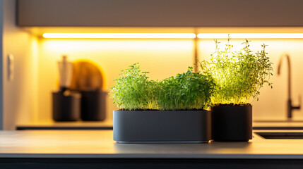 Elegant kitchen with built-in indoor farm. Fresh herbs and microgreens growing in stylish containers under warm lighting.