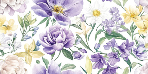 Vector floral seamless pattern. Botanical print, blooming summer meadow illustration with wildflowers with daisies, lilies, peonies, roses, leaves on white background. Pastel color palette