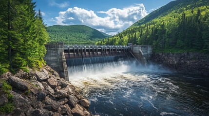 Scenic View of Hydroelectric Dam with Waterfall in Green Forest