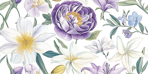 Vector floral seamless pattern. Botanical print, blooming summer meadow illustration with wildflowers with daisies, lilies, peonies, roses, leaves on white background. Pastel color palette