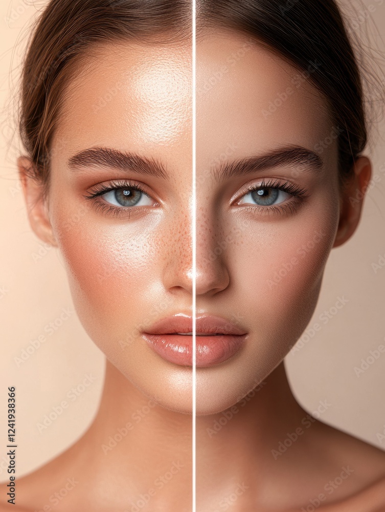 Aufkleber Side by side comparison of natural and fully made up face highlighting beauty transformations. Generative AI