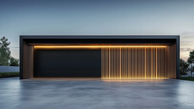 Modern Minimalist Garage: A contemporary architectural masterpiece features a sleek, black garage door with integrated lighting and wood paneling accents.