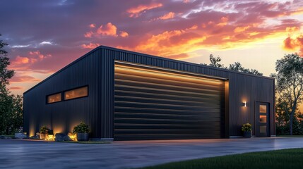 Obraz premium Modern Metal Garage at Sunset: A sleek, dark-colored metal garage with a large roll-up door and illuminated windows stands majestically against a vibrant sunset backdrop.