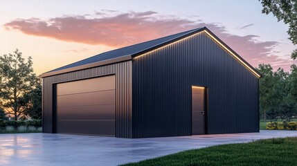 Fototapeta premium Modern Black Garage: A sleek, modern black garage stands against a backdrop of a vibrant twilight sky, showcasing a minimalist aesthetic and a functional design.