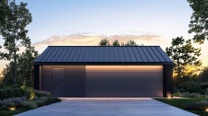 Obraz premium Modern Garage at Twilight: A sleek and contemporary garage with a flat roof, sleek metal siding, and warm lighting casts a modern silhouette against the backdrop of a soft twilight sky.
