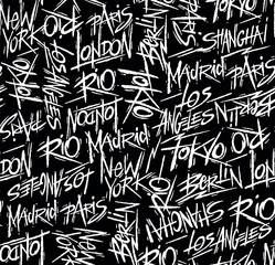 Stylized lettering pattern with the names of famous cities around the world. Artistic and casual lines for wallpaper, fabrics, decoration, etc.