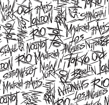 Stylized lettering pattern with the names of famous cities around the world. Artistic and casual lines for wallpaper, fabrics, decoration, etc.