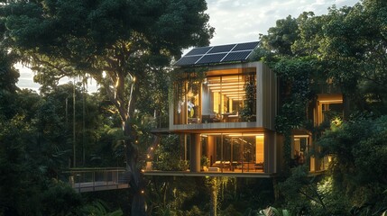A treehouse powered by solar panels, nestled in a lush green rainforest, eco-friendly design blending into nature, ultra-detailed, magical lighting, hyperrealistic