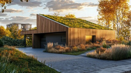 Obraz premium Modern Green Roof House: A stunning contemporary home with a lush green roof and wooden facade blends seamlessly into the autumnal landscape, showcasing sustainable architecture and modern design. 
