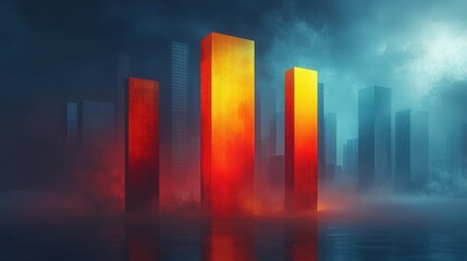 Glowing city skyline, futuristic bars, night fog, data visualization