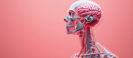 Obraz premium Anatomical model showcasing a transparent human skull and brain against a soft pink background, highlighting the intricacies of human anatomy for educational and illustrative purposes