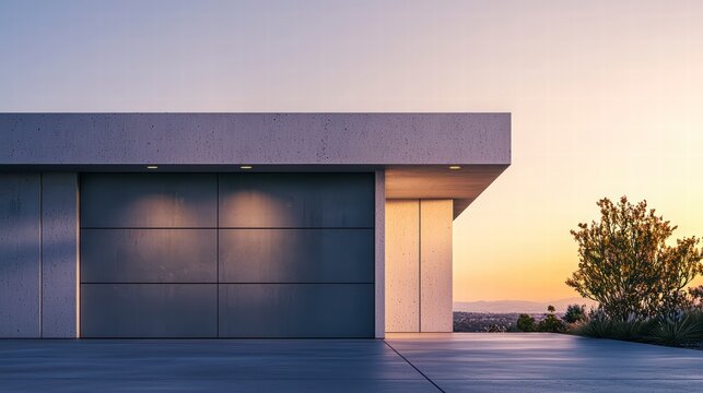 Modern Garage at Sunset: A sleek, contemporary garage door stands against a vibrant sunset backdrop. The clean lines and minimalist design evoke a sense of modern luxury and tranquil serenity. 