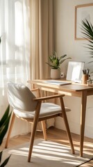 Cozy home workspace with wooden desk, plants, and natural light in a quiet corner of the house