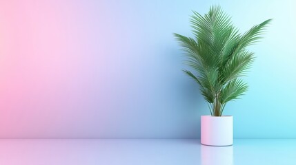 A vibrant green potted plant stands against a softly gradient pastel backdrop, ideal for representing modern interior design, wellness, and nature in promotional materials or social media content,
